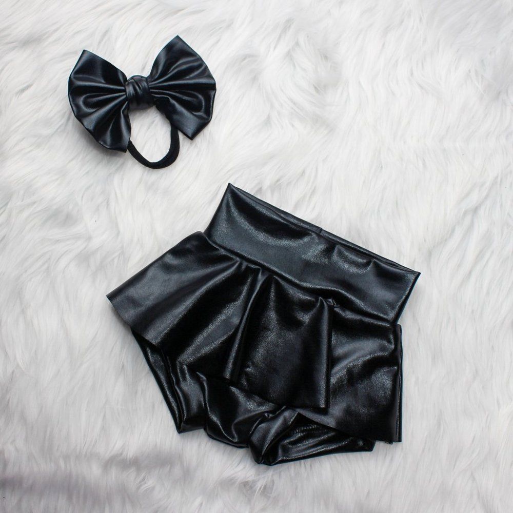 Leather Skirted Bummie and bow set for baby girl